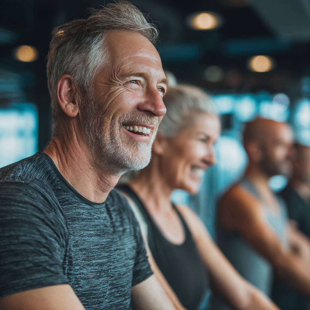 Group of middle-aged adults enjoying fitness activities in modern gym environment