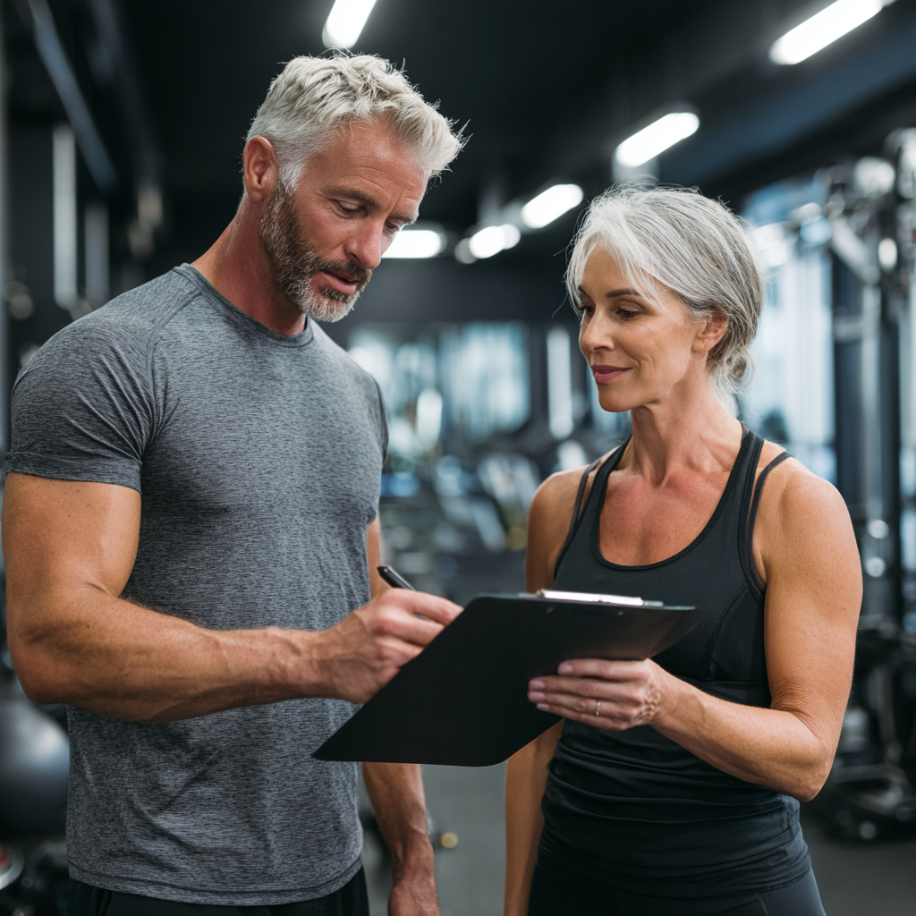 Professional 50 years old fitness trainer conducting consultation with mature adult client in modern gym setting